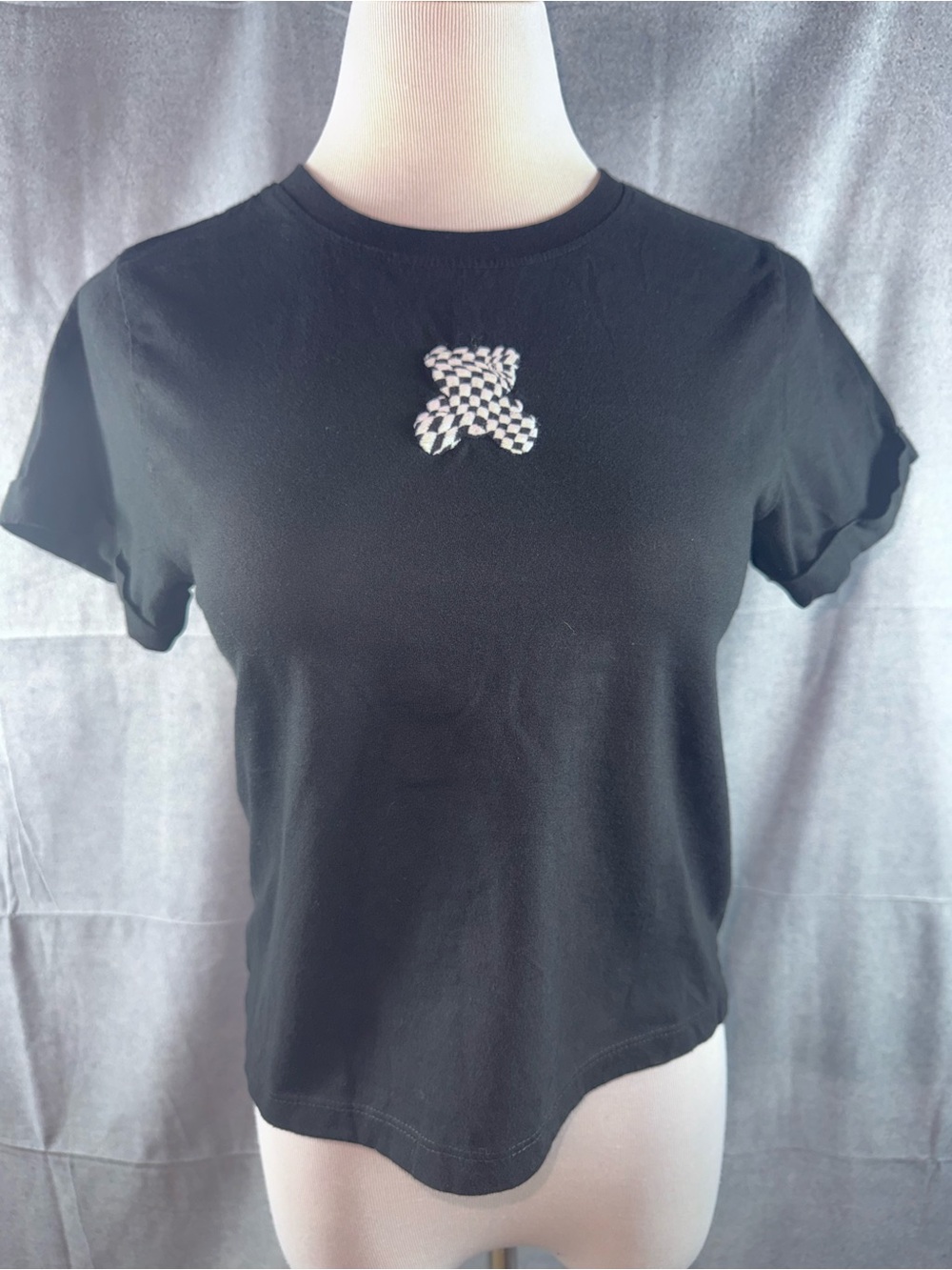 3104-Vibe N’ Black Women's Crewneck Tee with Checkerboard Bear Accent